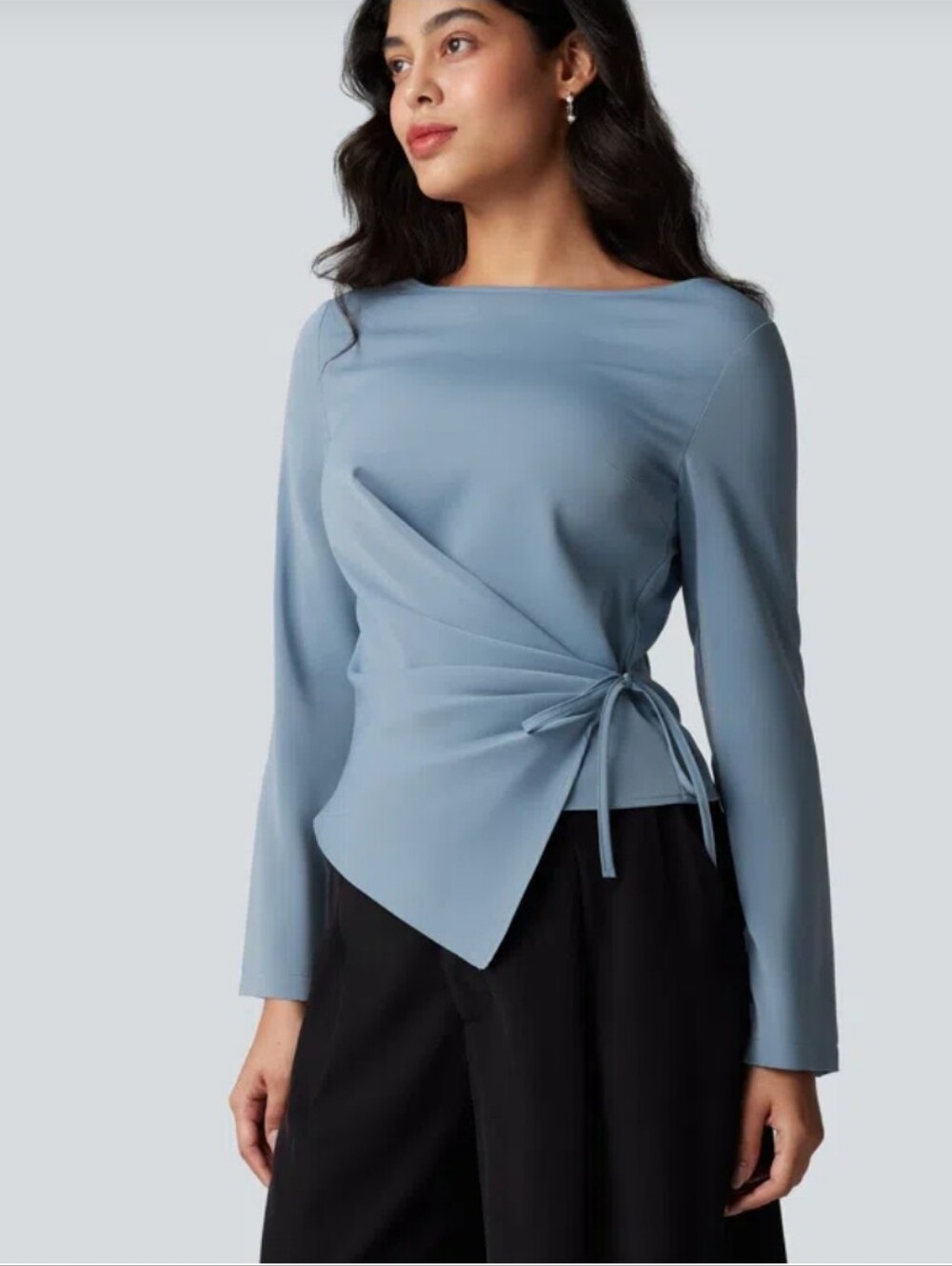 Halara Wrinkle Recovery Boat Neck Long Sleeve Ruched Tie Work Blouse
